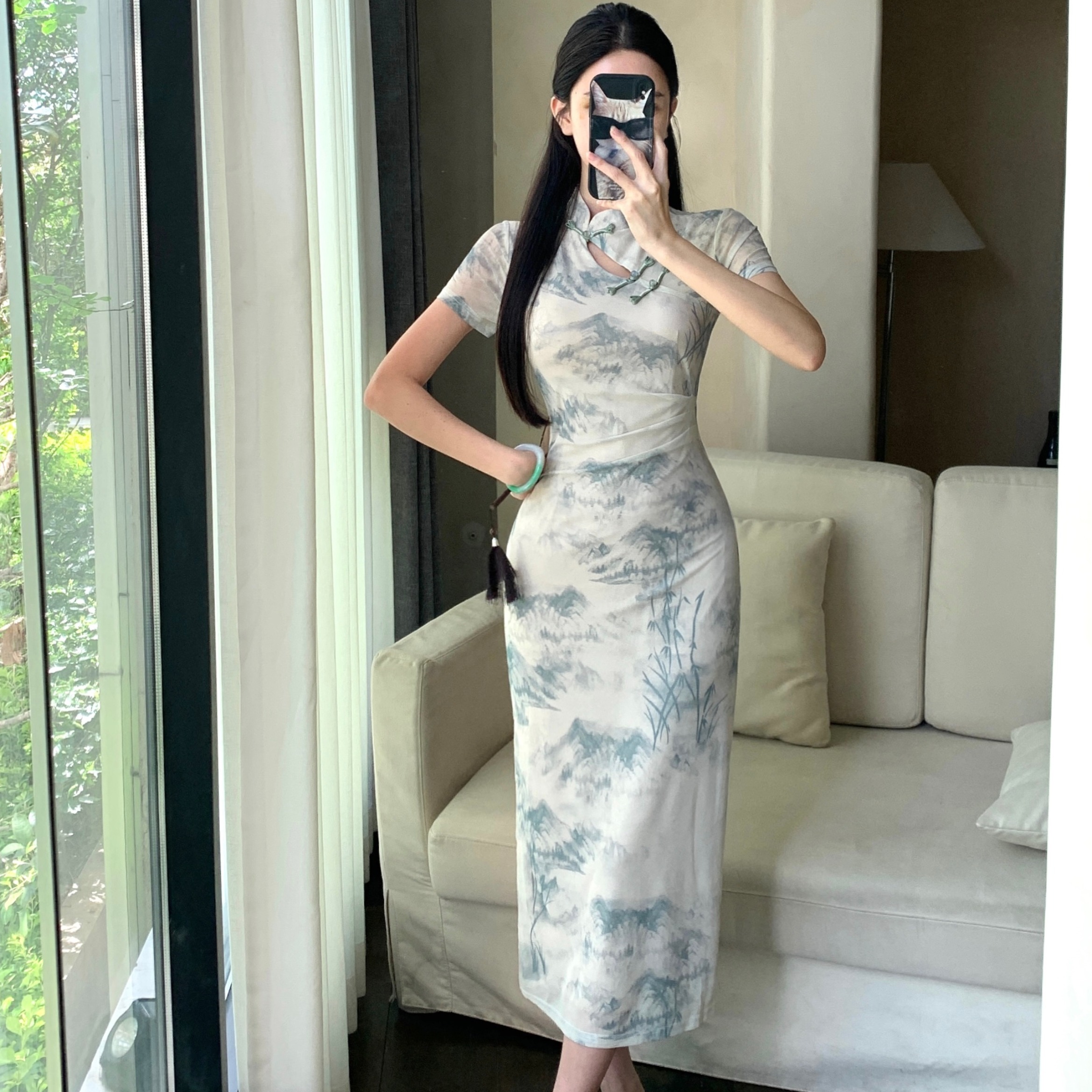 FA34061# 新中式国风旗袍复古网纱印花修身显瘦气质包臀连衣裙 服裝批發女裝批發服飾貨源