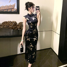 批发国风国潮性感优雅印花无袖旗袍<b class='q'>连衣裙</b>收腰显身材开叉宴会礼服长裙