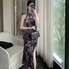 批发实拍新中式国风丝绒旗袍收腰显身材大摆开叉高级感轻奢礼服连衣裙