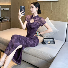 批发实拍中式改良旗袍连衣裙直播衣服长款性感镂空网纱低胸开叉包臀裙