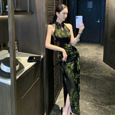 批发新中式国风夏季日常提花显瘦修身绿色竹叶黑色一字扣<b class='q'>旗袍</b><b class='q'>连衣裙</b>