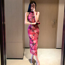 批发实拍新中式网纱拼接长款日常改良旗袍<b class='q'>连衣裙</b>复古性感收腰包臀长裙