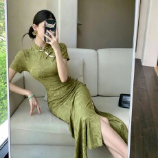 批发实拍新中式国风改良款旗袍气质修身显瘦中长裙开叉包臀连衣裙