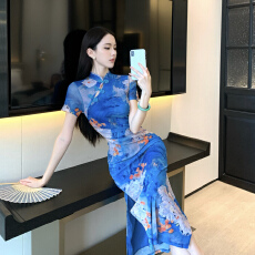 批发实拍蓝色新中式复古国风绝美旗袍2026新款年轻款气质百搭连衣裙