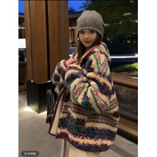 批发彩色费尔岛提花连帽仿羊羔毛外套女冬季加厚摇粒绒慵懒风保暖上衣