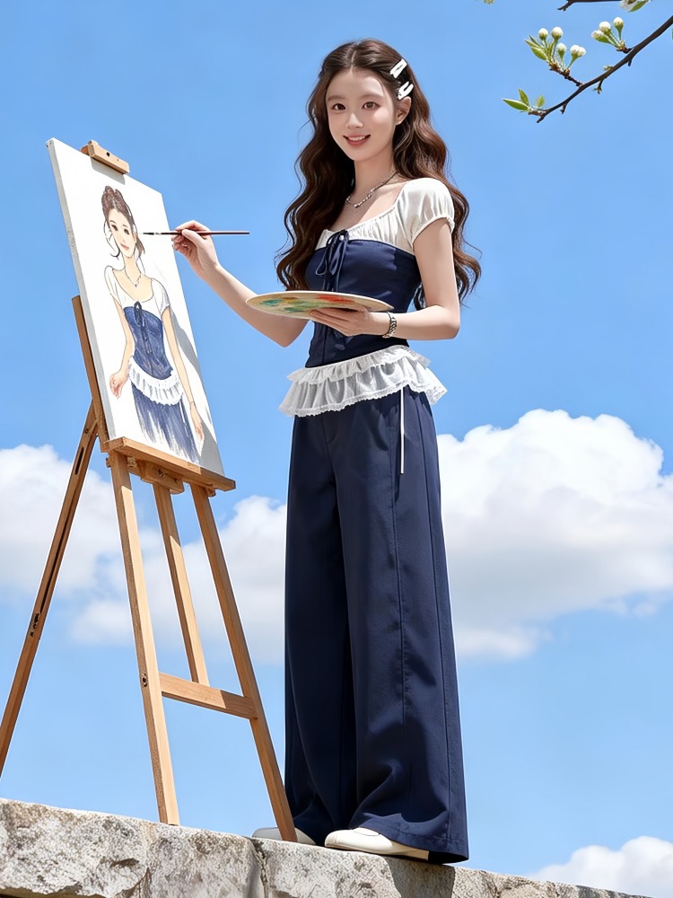 품격 전체 집합 여름 새로운 ootd 착용 가져 가라. 디자인 센스 레트로 패치워크 색상 반팔 맨위 캐주얼 바지 투피스 세트