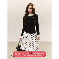 批发LENNEA波点花边袖黑色长袖针织开衫女百搭<b class='q'>修身</b><b class='q'>打底衫</b>上衣裙子套装