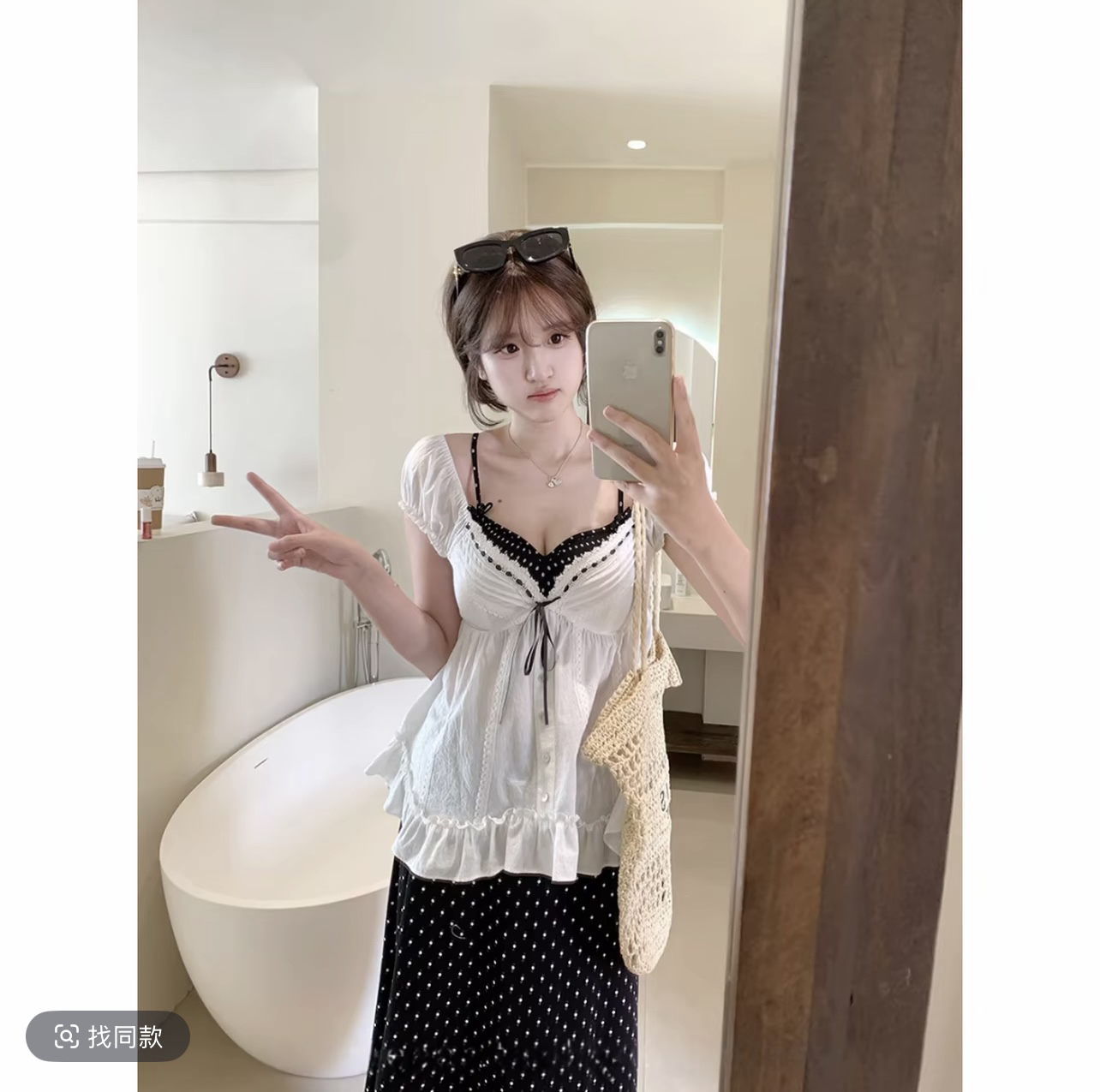 callmeear 오리지널 프랑스식 연인 거품 소매 V넥 작은 셔츠 나비 매듭 페이크 레이어드