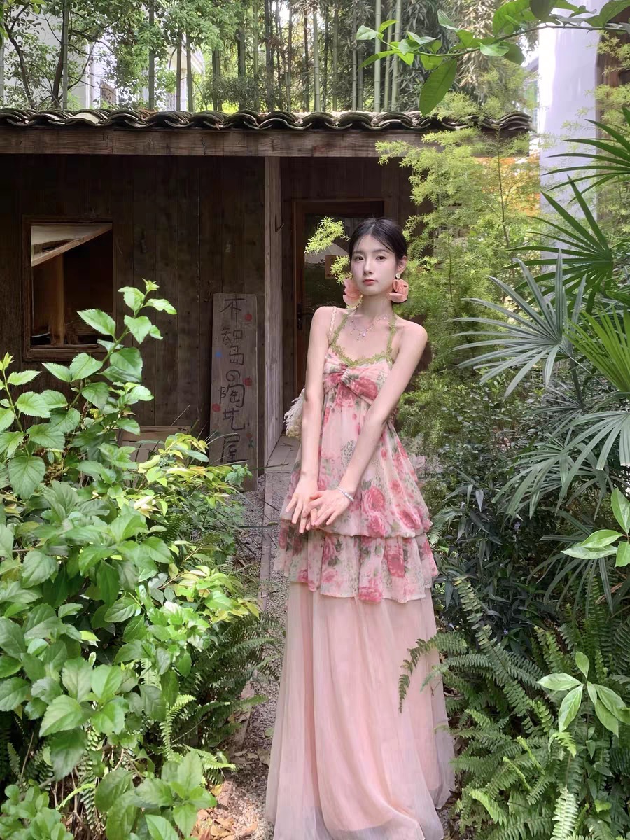 walkindark 체리 배 꽃무늬 레이스 행침 목 슬립 맨위 드레스 둘 착용 진자 반신 스커트