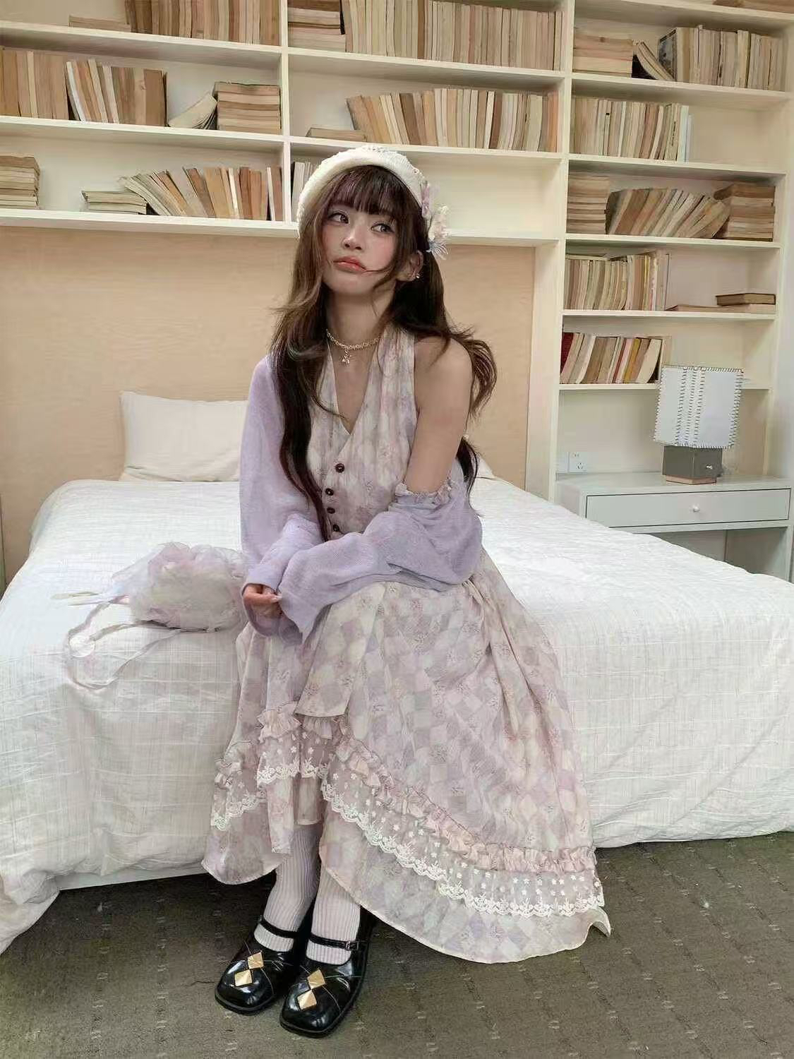 보라색 링 체크무늬 꽃무늬 여성 드레스 레이스 조각 허리 수축 레이스업 조끼 치마 세트