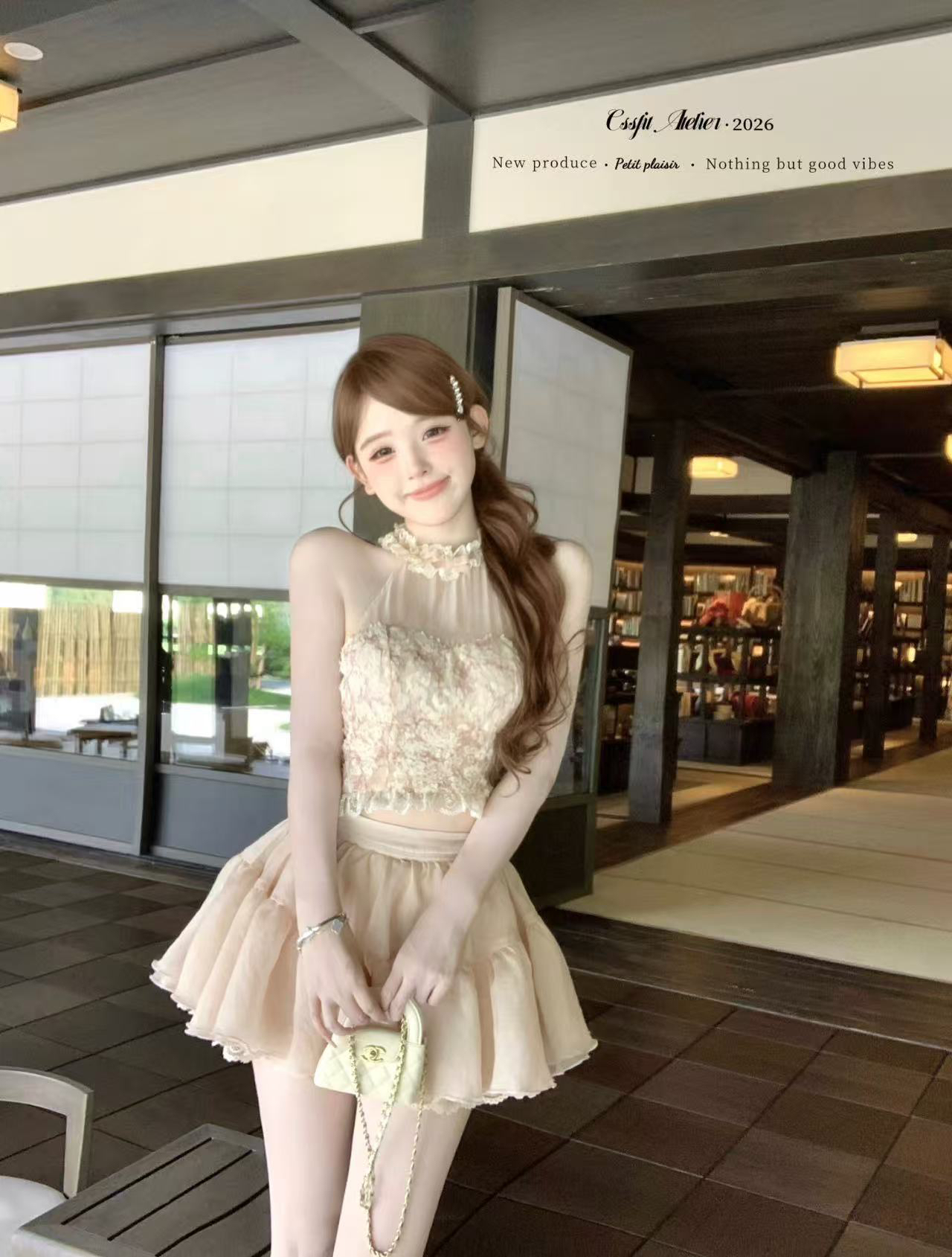 늦게 우산 우산 26 ss 오래된 꿈 웬얀 세트 염색 꽃 레이스 행침 목 투명 맨위 퍼프 반 스커트 세트