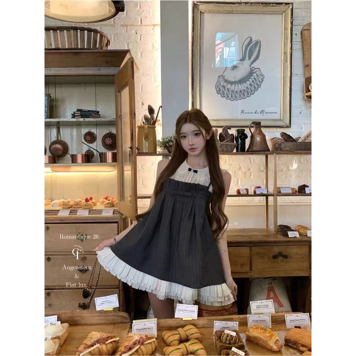 늦게 우산 우산 26 ss 梦回 롱 아일랜드 jor a 약화 된 양모 맞춤 체크무늬 3층 플리츠 슬립 드레스