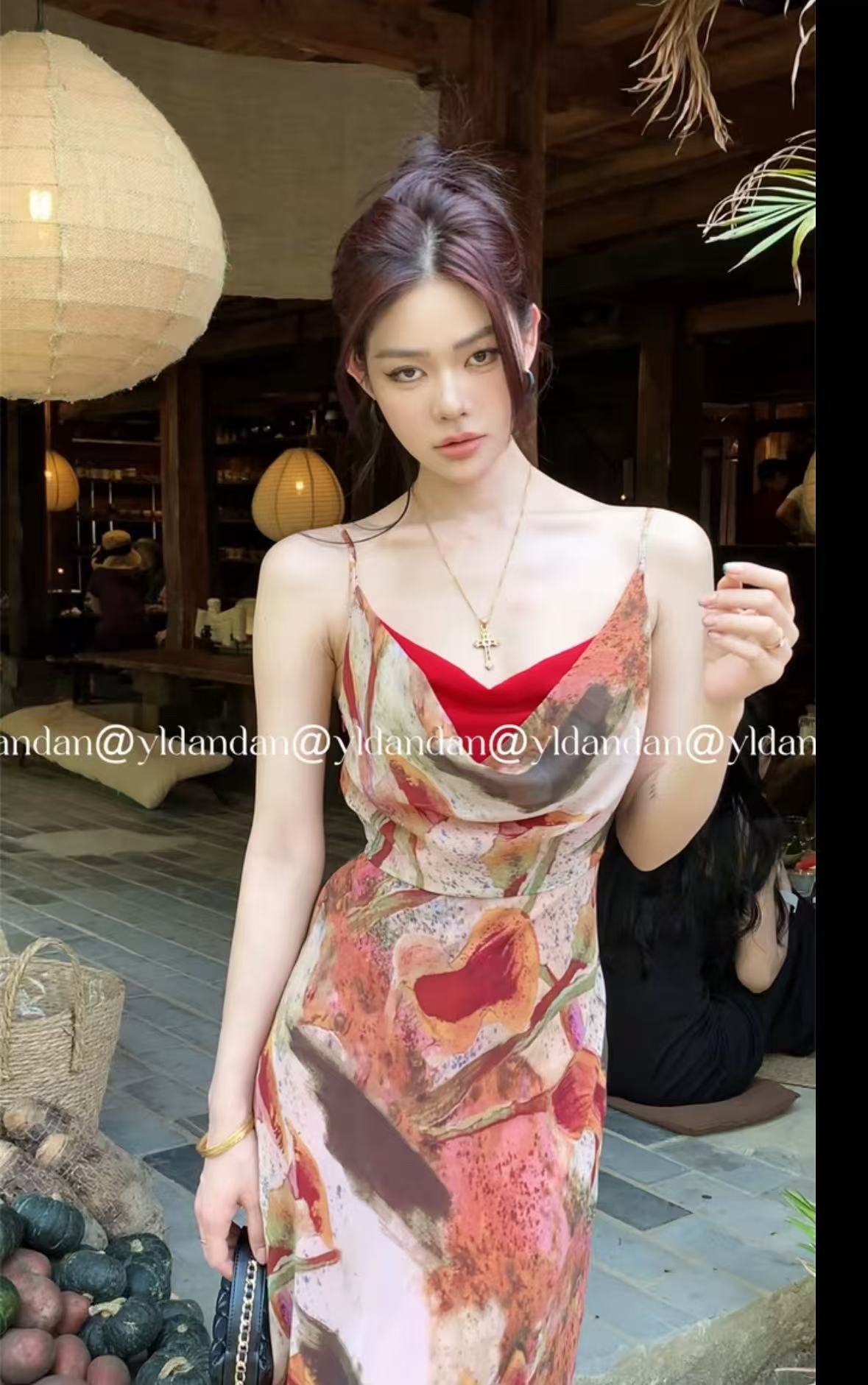 yldandan 로마 여름 낭만주의 열정 레트로 흔들다 칼라 배색 허리 수축 슬림해 보이는 하이웨이스트 드레스
