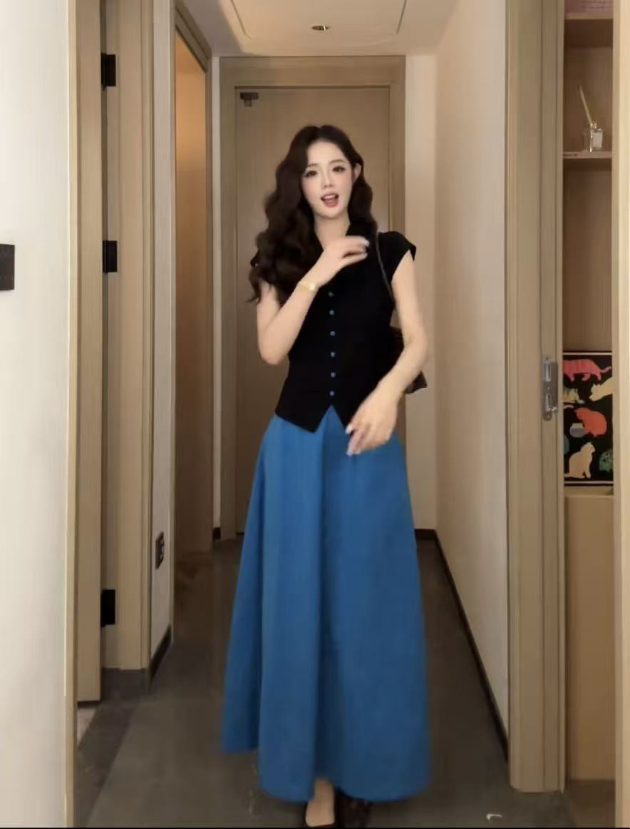 사슴 완 그것 녹색 란 프롤로그 여름 새로운 부드러운 달콤한 스타일 맨위 다용도 슬림해 보이는 롱 스커트 투피스 세트