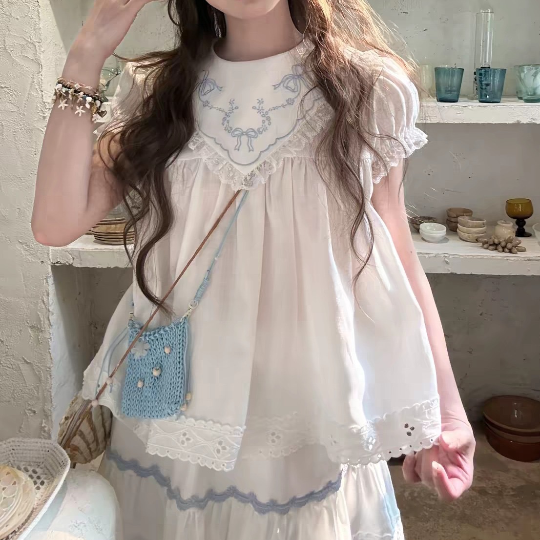 doll 오리지널 조개 작은 섬 주간 실크 아마 중년 센스 화이트 자수 맨위 반신 치마 세트 여름