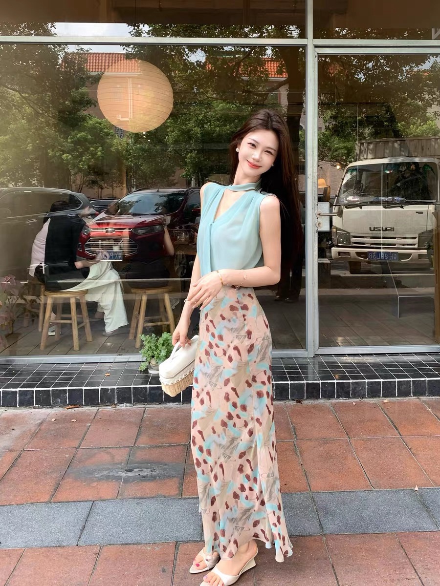 무쯔리 목자이 ~ 중 리 한 부서 빛 요리 한 바람 V넥 민소매 리본 쉬폰 톱 레오파드 무늬 인어 꼬리 반신 스커트 세트 여름