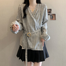批发实拍大码女装<b class='q'>秋</b>冬正肩格子长袖衬衫女不规则绑带收腰遮肚法式上衣