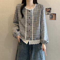 批发实拍大码女装春季格子花边<b class='q'>长袖</b><b class='q'>衬衣</b>女小清新学院风直简<b class='q'>衬衫</b>胖mm潮