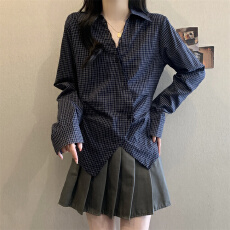 批发实拍大码女装春季POLO领<b class='q'>长袖</b><b class='q'>衬衫</b>女复古格子拼接蕾丝不规则<b class='q'>衬衣</b>