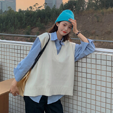 批发实拍大码女装秋冬新款<b class='q'>糖果</b><b class='q'>色</b>V领马甲加宽松百搭慵懒风衬衫两件套