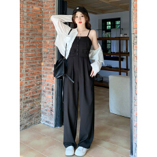 批发大码<b class='q'>女装</b>百搭短款长袖白色防晒衬衫加吊带连体裤阔腿裤套装女