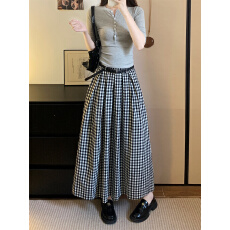 批发实拍<b class='q'>大码</b>女装夏季学院风格子半身裙时尚百褶A字裙大摆韩系伞裙子