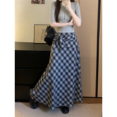 批发实拍大码女装夏季新款格纹A字半身裙韩系高腰显瘦蝴蝶结系带长裙