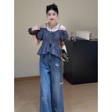 批发<b class='q'>大码</b>女装纯欲辣妹露肩格子短袖衬衫女夏季胖MM收腰显瘦别致上衣