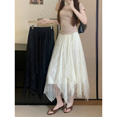 批发实拍大码女装夏季蕾丝拼网纱<b class='q'>半身裙</b>女温柔风不规则下摆宽松大摆裙