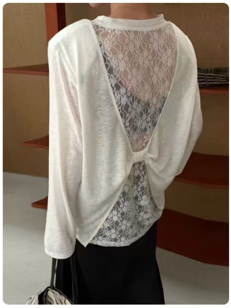 라이 경기 서울 패치워크 레이스 긴팔 티셔츠 여성 섹시함 순수한 욕망 바람 백리스 홀로우 아웃 자외선 차단 블라우스 디자인 센스 맨위