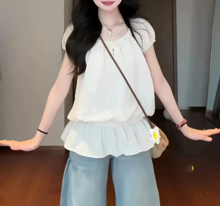 빅 사이즈 지방 mm 한 부서 레트로 느긋한 센스 꽃밭 소매 허리 수축 슬림해 보이는 반팔 셔츠 맨위