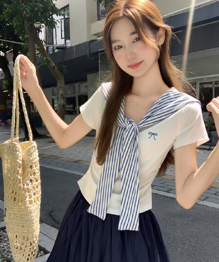 빅 사이즈 여성 의류 여름 해군 칼라 반팔 티셔츠 여성 페이크 레이어드 숄 한국 스타일 몸매 가꾸기 쇼트 스타일 달콤한 매운맛 맨위 트렌디