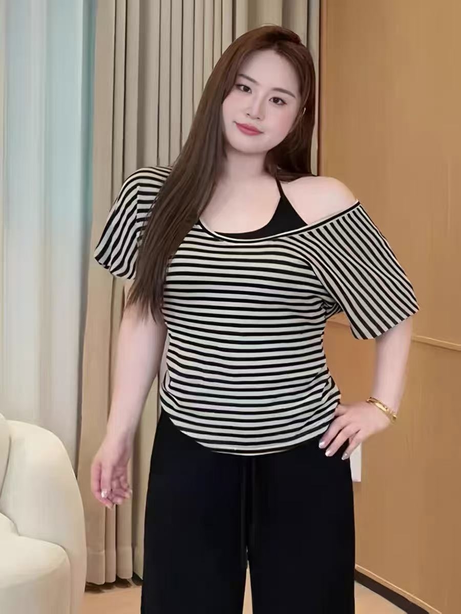 빅 사이즈 여성 의류 아메리칸 레트로 스트라이프 비스듬한 어깨 반팔 티셔츠 행침 목 슬립 두 조각 여성 세트 여름 지방 mm 슬림해 보이는