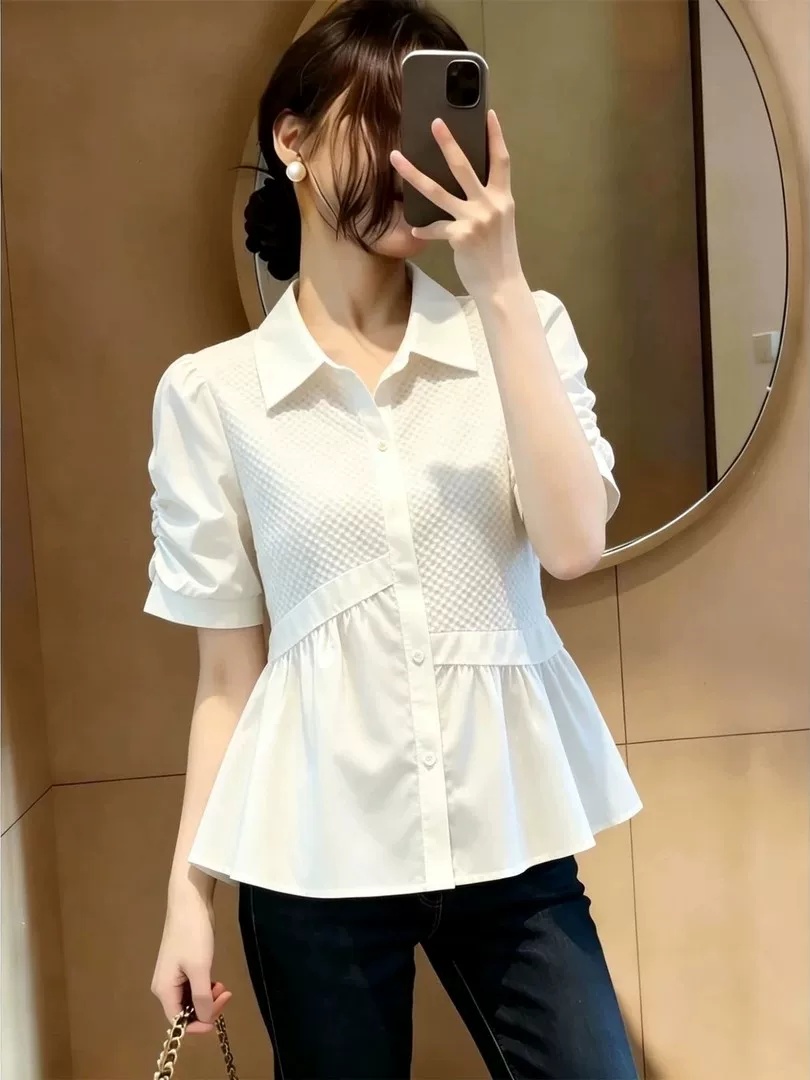 빅 사이즈 여성 의류 여름 고급 센스 패치워크 빛 요리 한 바람 반팔 여성 셔츠