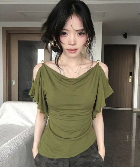 빅 사이즈 지방 mm 프랑스식 도루 접기 칼라 프릴 반팔 티셔츠 여성 여름 불규칙 슬림해 보이는 오프숄더 핫걸 맨위