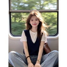 批发大码女装韩系假两件短袖T恤女夏季新款设计感撞色宽松显瘦上衣