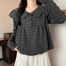 批发实拍大码女装秋季新款学院风复古格子<b class='q'>娃娃领</b>长袖上衣<b class='q'>T</b><b class='q'>恤</b>两件套