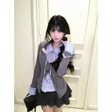 批发修身显瘦设计感学院风假两件套拼接<b class='q'>衬衫</b>上衣+半身裙两件套女