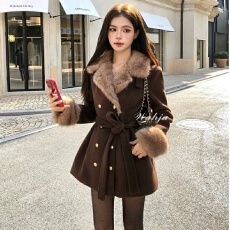 批发画解WAHJU 古着秀场法式复古皮毛一体系带收腰显瘦呢子<b class='q'>大</b>衣<b class='q'>外套</b><b class='q'>女</b>