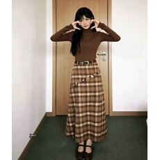 批发实拍沐葵复古格纹<b class='q'>半身裙</b>女冬季棕咖色A<b class='q'>字</b>伞摆毛呢半<b class='q'>裙</b>