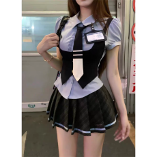 批发夏季miu系学院风制服Polo领短袖假两件马甲衬衫高腰格纹<b class='q'>百褶</b>裙套