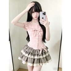 批发草莓蛋糕 甜美少女粉色温柔蝴蝶结上衣+半身裙早春减龄少女感套装
