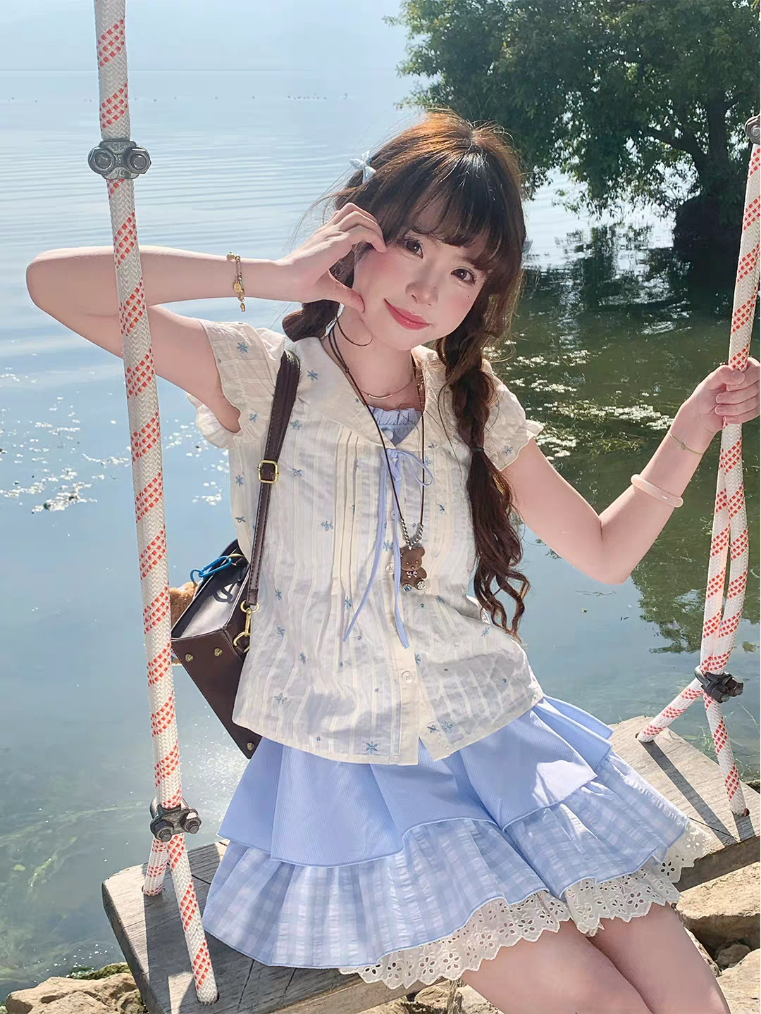 바다 섬 바람 종소리 bm 바람 꽃무늬 페이크 레이어드 셔츠 파란색 퍼프 케이크 슬림해 보이는 반신 스커트