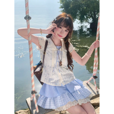 批发海屿风铃 bm风<b class='q'>碎花</b>假两件<b class='q'>衬衫</b>+蓝色蓬蓬蛋糕显瘦半身裙