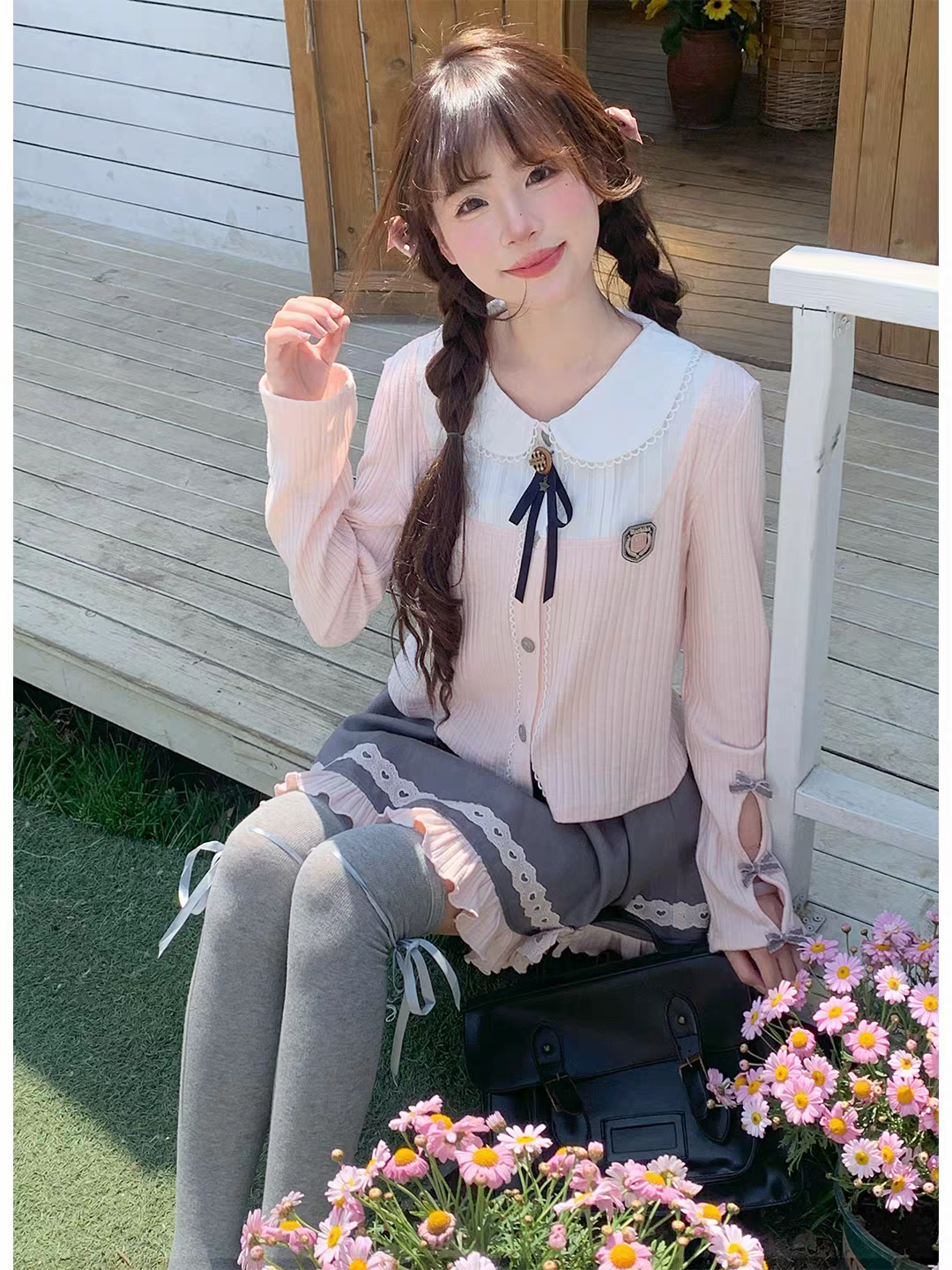 사쿠라 그리고 학원 학원 센스 봄 가을 세트 핑크색 페이크 레이어드 맨위 회색 반신 스커트