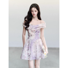 批发【4/7new】易碎商店·紫雾花笺复古浪漫花卉印花一字肩<b class='q'>连衣裙</b>短裙