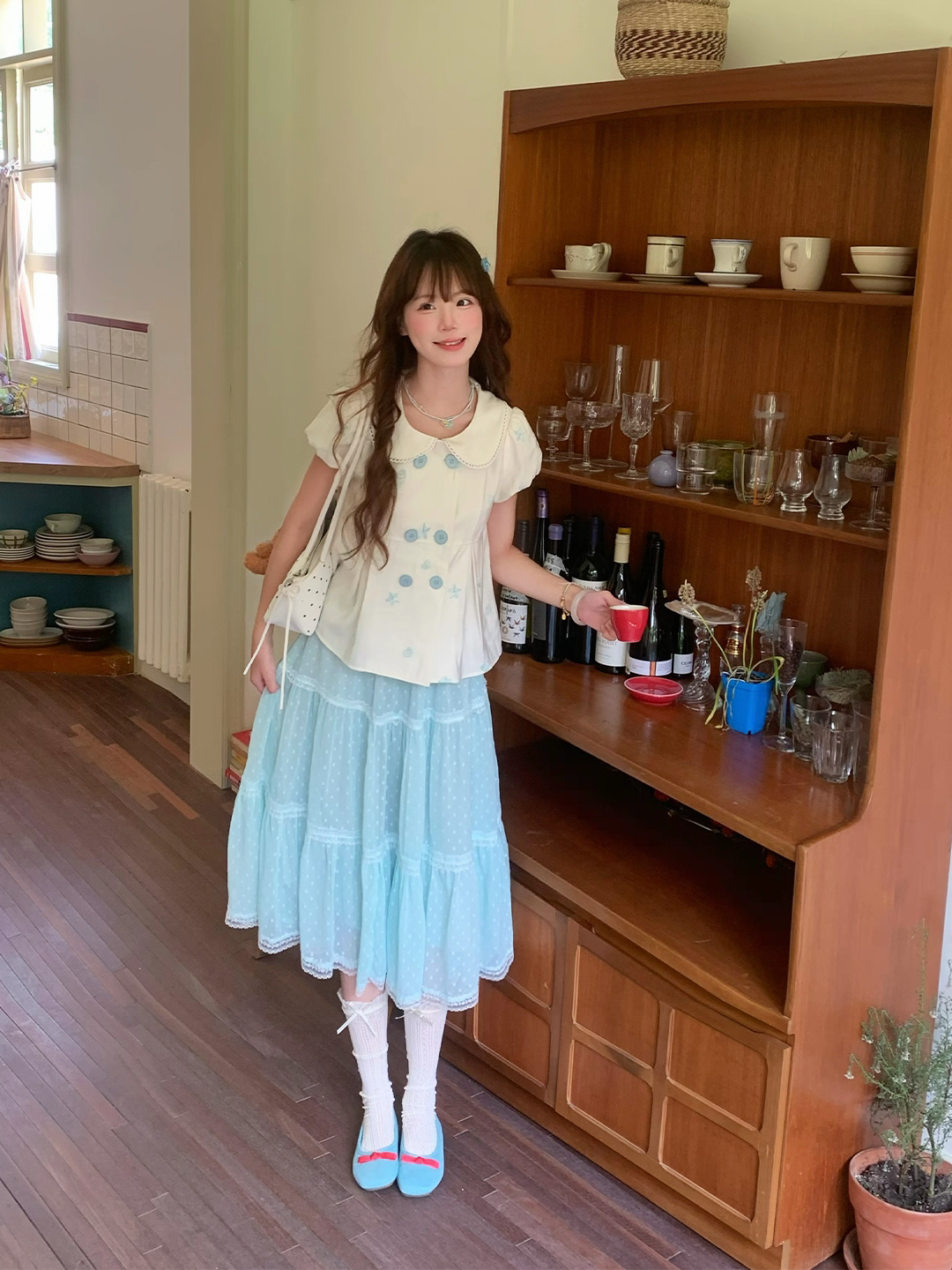 크림 스타 만 달콤한 스타일 이중 버튼 대양 자수 인형 셔츠 박하 녹색 다중 레이어 도트 무늬 전단 꽃 반신 스커트