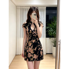 批发新中式温柔淑女风气质优雅旗袍夏季镂空拼接收腰显瘦黑色连衣裙女