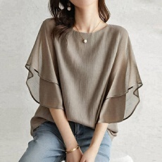 批发日系5色乐天夏季新款短袖蝙蝠衫宽松圆领休闲百搭<b class='q'>雪纺衫</b>