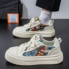 2026夏季新款休闲鞋男鞋印花帆布学生厚底板鞋货号